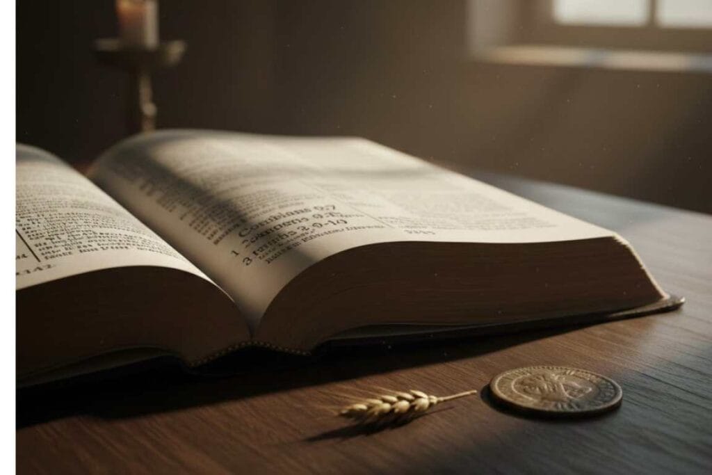 Bíblia sobre uma mesa, um pendão de trigo e uma moeda - Uma imagem na proporção 16;9 de uma
