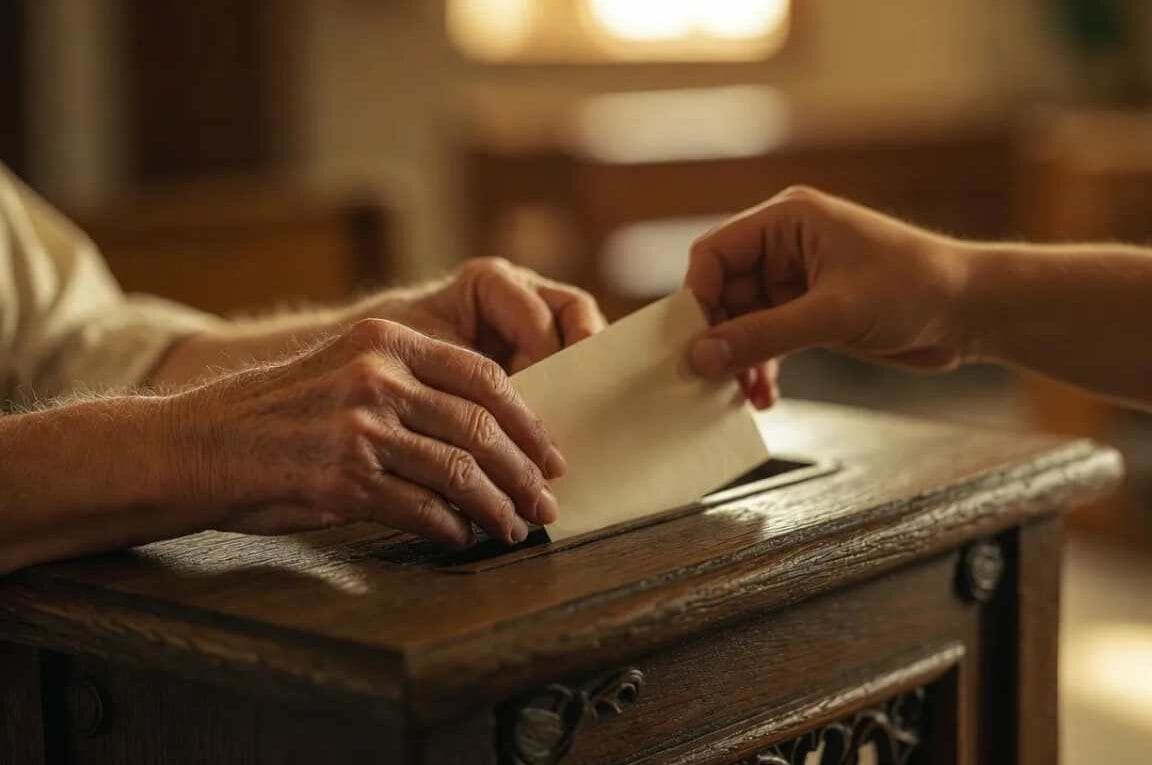 Mãos colocando um envelope no gazofilário - Ofertar na Igreja: O Ato de Adoração que Transforma o Coração
