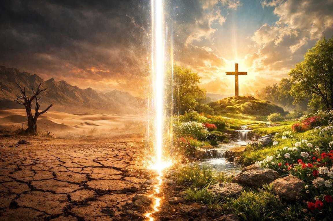 imagem dividida, uma terra seca rachada e outra verde com uma cruz - O Paradoxal Privilégio do Reino: Por que o Menor é Maior que João Batista