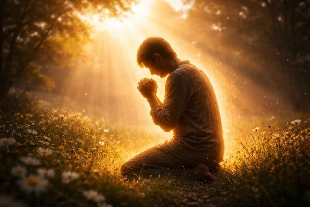 Um home ajoelhado orando em um campo - Por que o Menor é Maior que João Batista