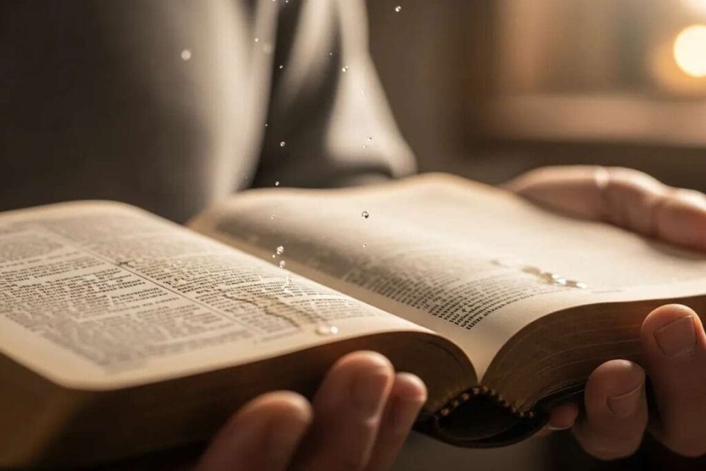 Pessoa com uma Bíblia aberta na qual pinga lágrimas - Quando Tudo Desmorona Onde Encontrar Consolo Verdadeiro em Meio à Dor 