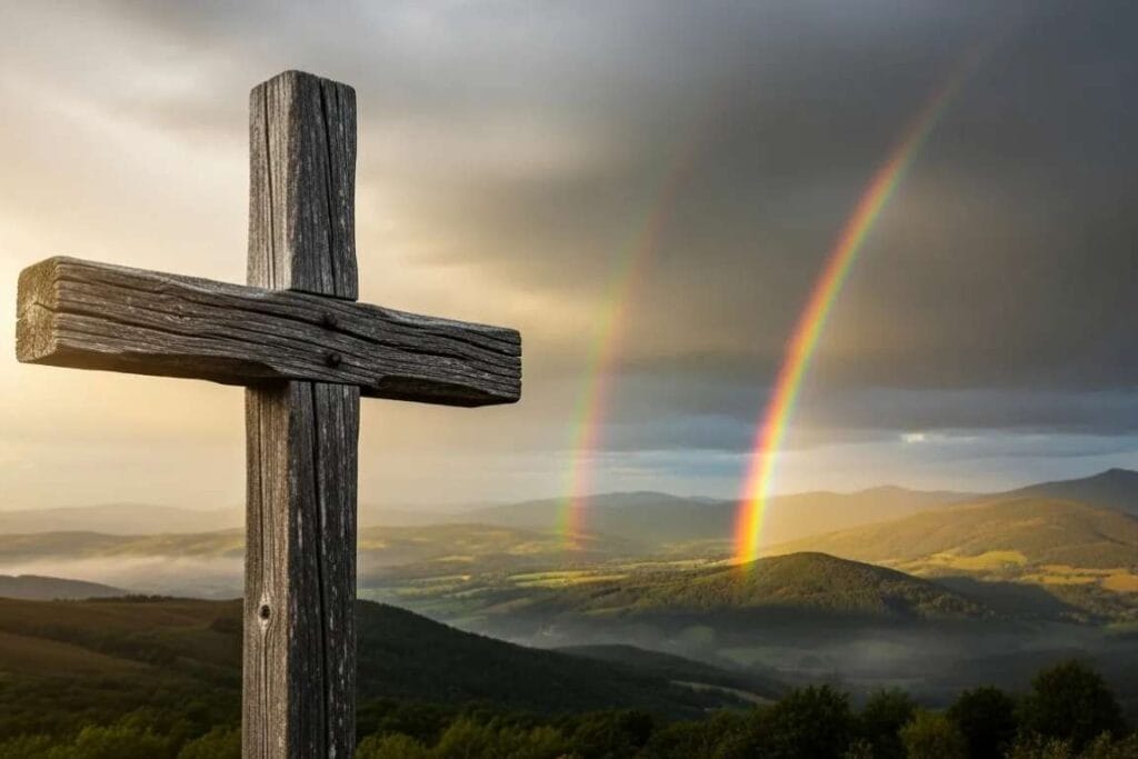 Paisagem com uma cruz de madeira e um arco-iris no fundo 0 Quando Tudo Desmorona Onde Encontrar Consolo Verdadeiro em Meio à Dor