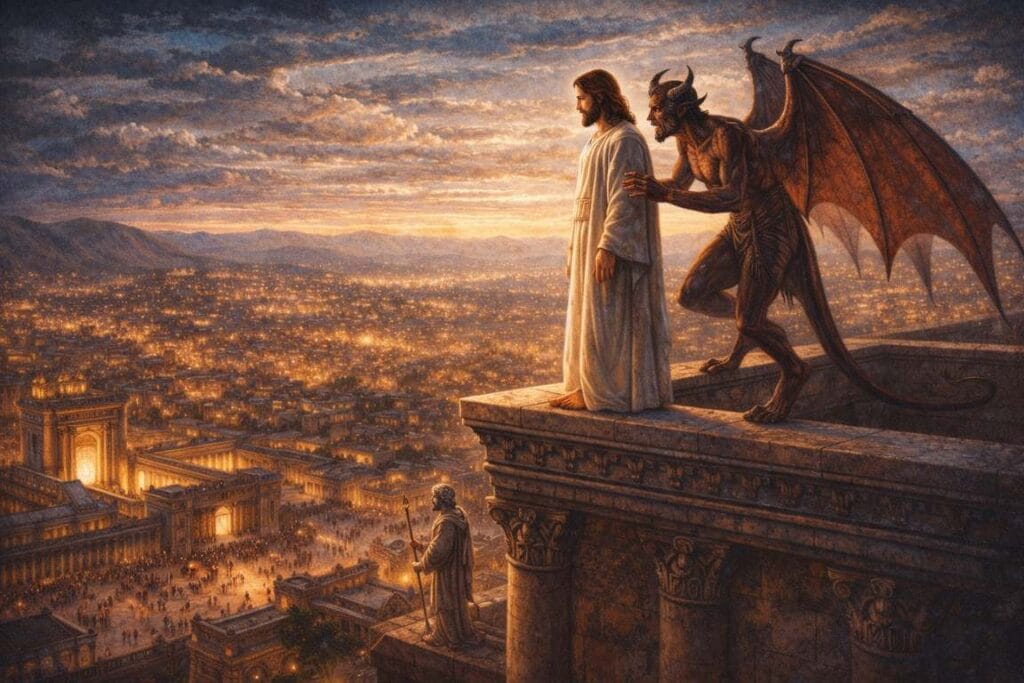 Cena do Diabo com Jesus no pináculo do templo - Salmo 91-11  Guardados nos Caminhos de Deus