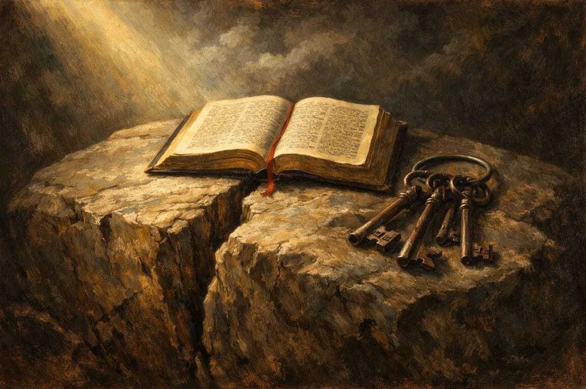 A Bíblia aberta sobre uma grande pedra rachada com um molho de chaves ao lado - Vigilância Espiritual: Da Revelação à Repreensão de Pedro