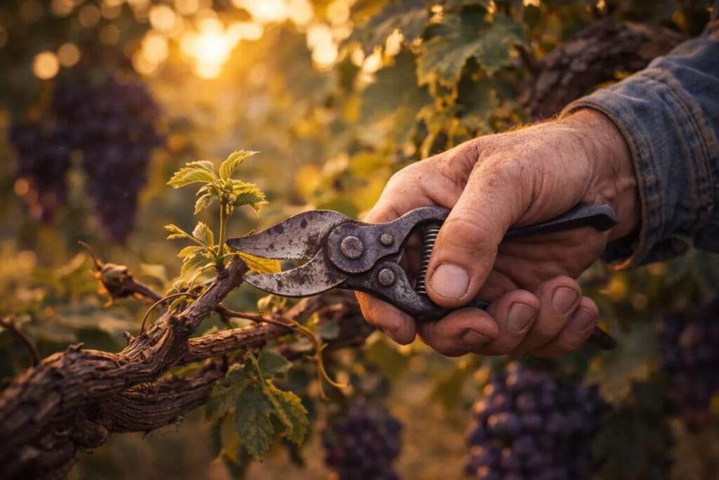 A mão do agricultor fazendo a poda