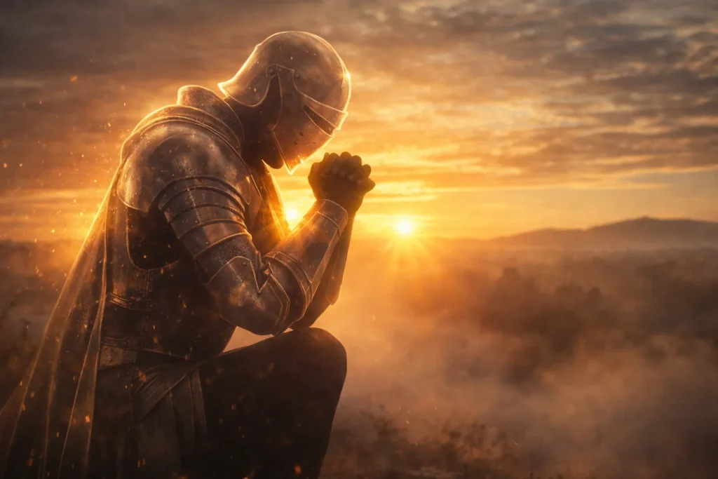 Um homem com armadulha o orando - vigilância espiritual