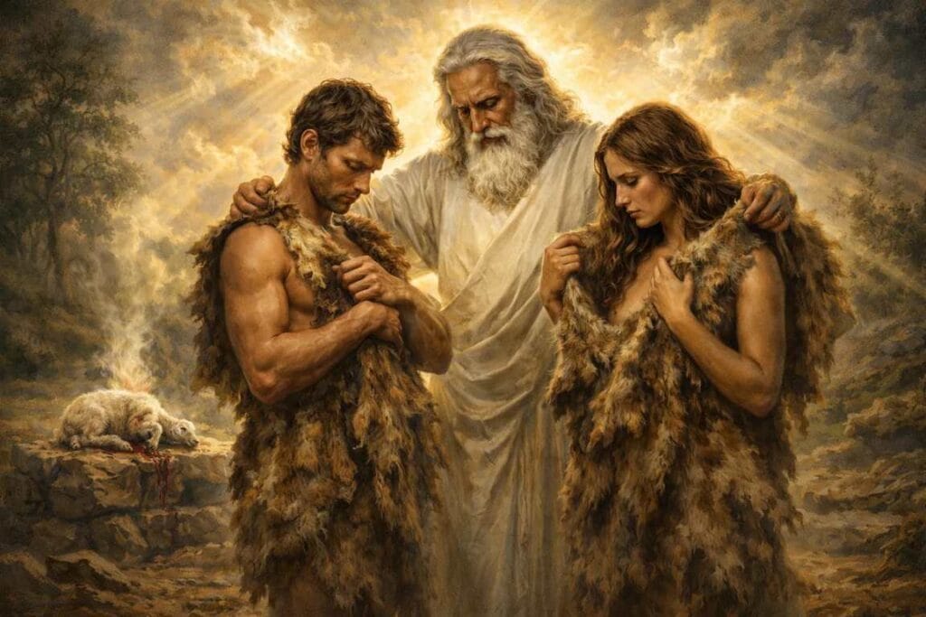 Deus cobrindo Adão e Eva com pele de um animal - A Entrada do Pecado no Mundo