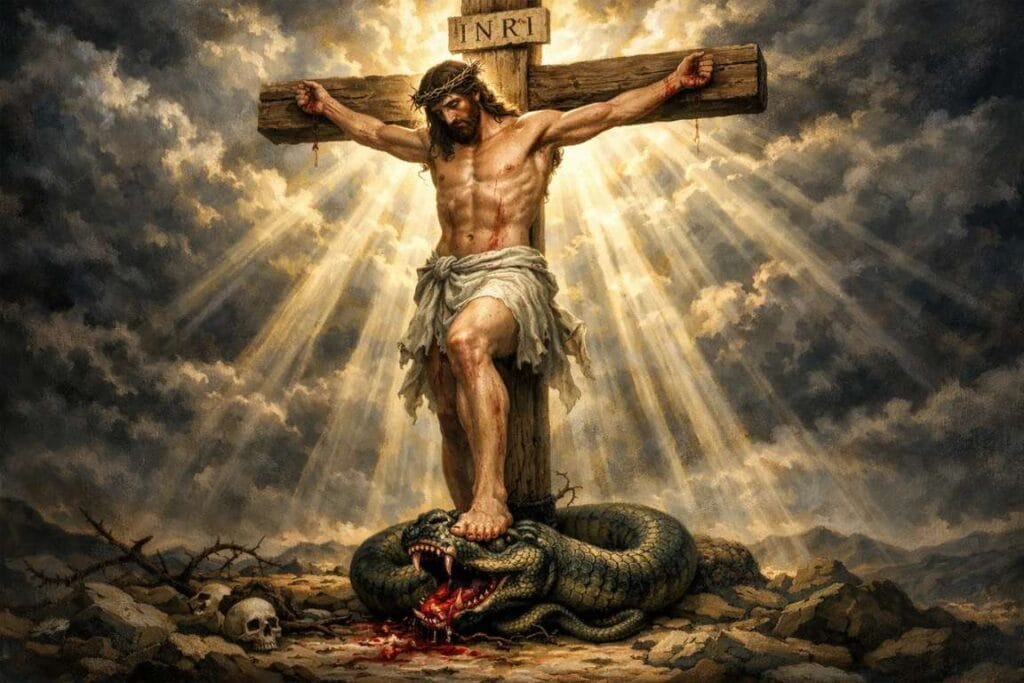 Jesus crucificado pisando na cabeça de uma serpente - A Entrada do Pecado no Mundo
