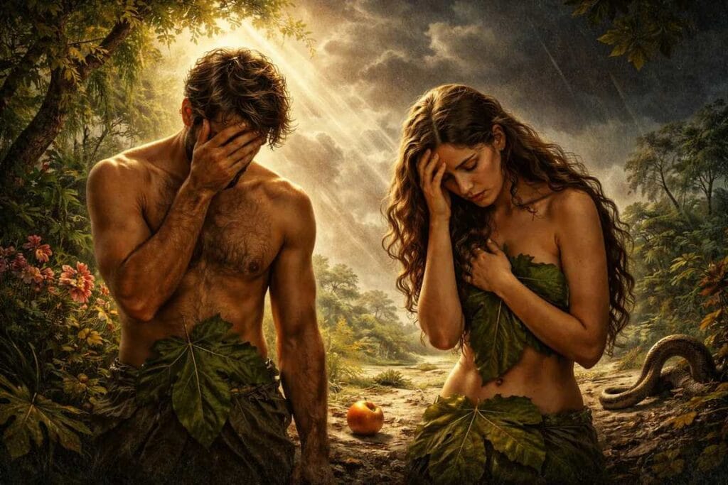 Adão e Eva se sentido culpados - entrada do pecado no mundo