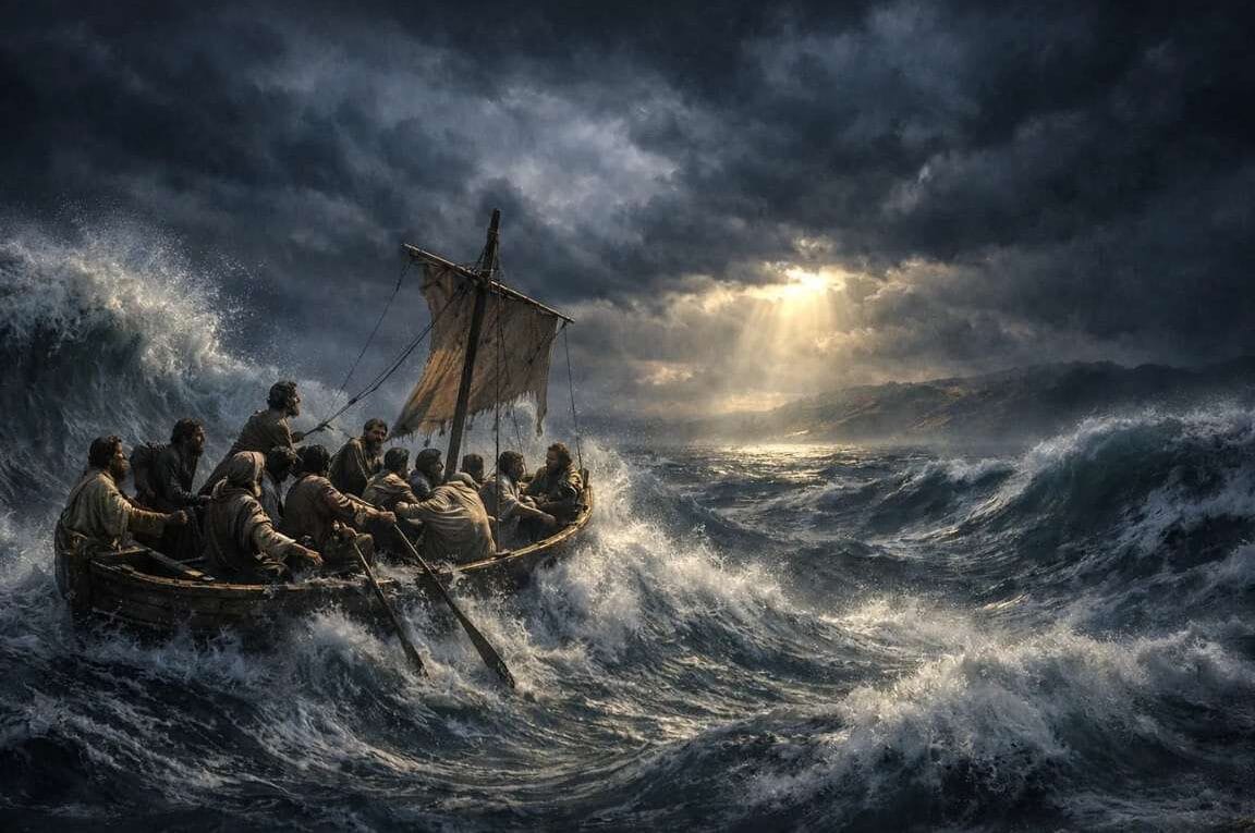 Os discípulos no barco durante uma tempestade - Jesus Vê a Tempestade: Fé e Autoridade em Marcos 6:48