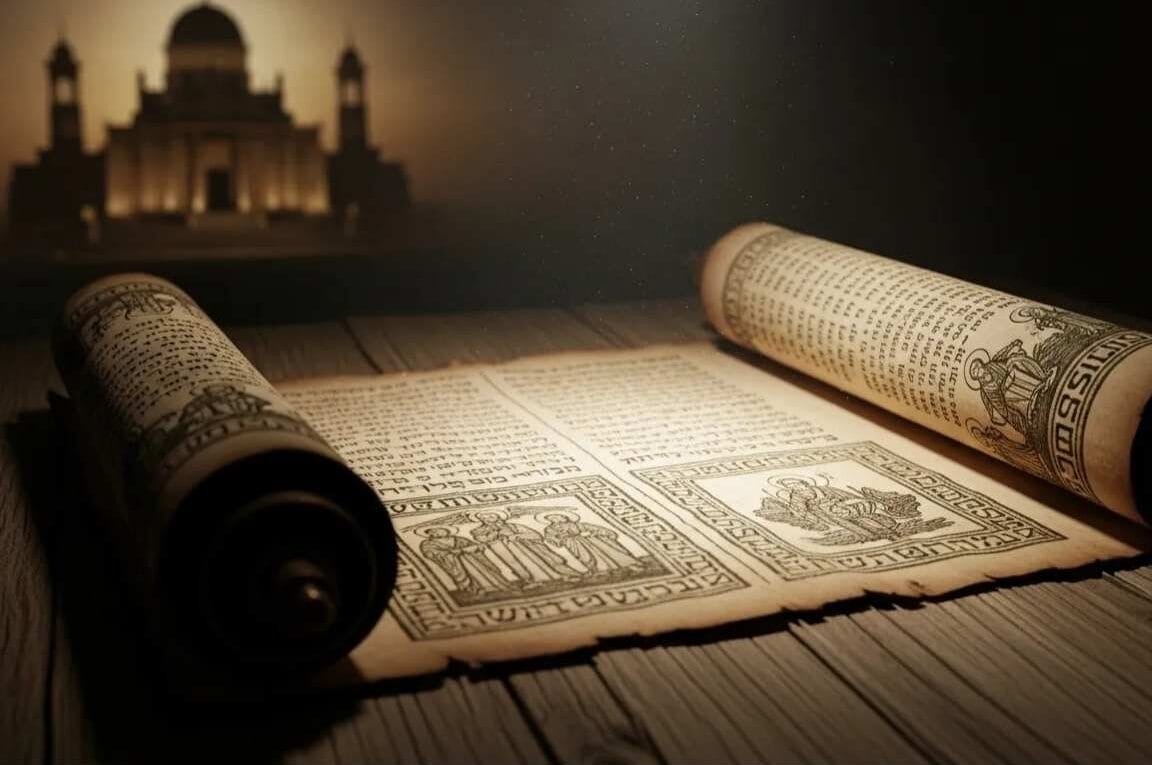 Um pergaminho aberto sobre um luz e uma igreja ao fundo - Marcos 3:29 e a Blasfêmia contra o Espírito Santo