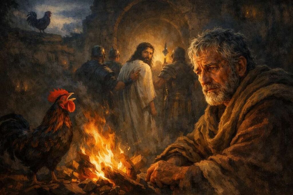 Pedro decepcionado por negado a Jesus que olha para ele - A Criada do Sumo Sacerdote Como Deus Usa Pequenas Coisas para Revelar Grandes Fraquezas