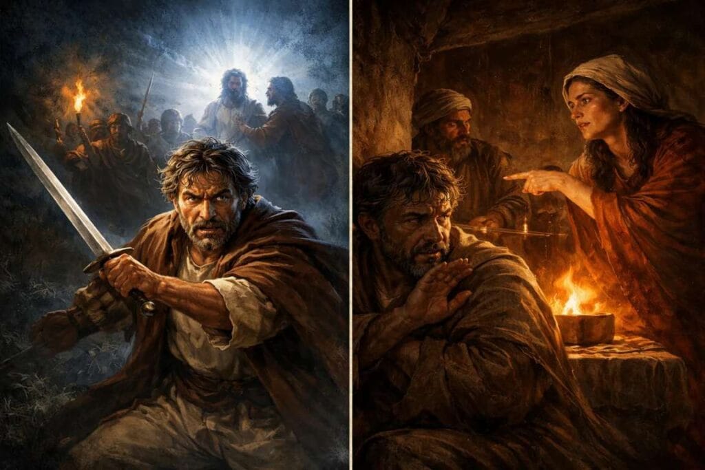 Imagem dividida de Pedro com a espada não e na outra imagem pedro com medo negando a Jesus 