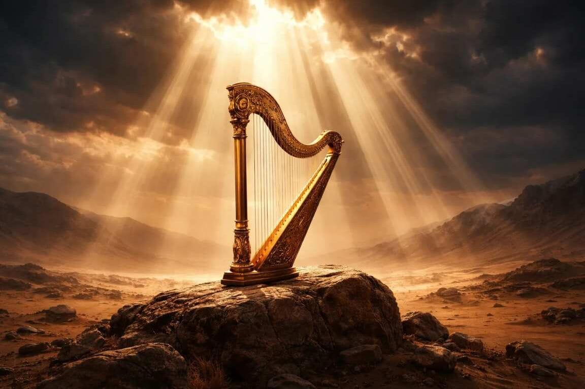 Harpa sobre uma rocha no deserto com raios do sol entre nuvens - Música na Adoração