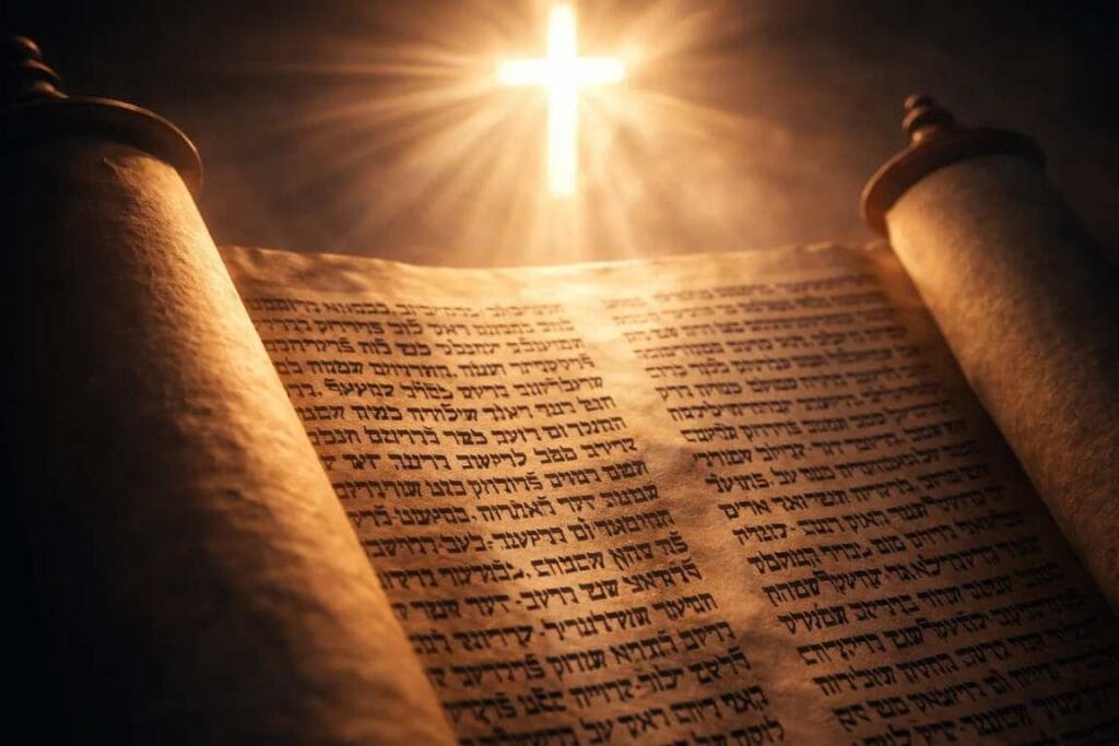 Pergaminho aberto com uma luz em forma de cruz sobre ele - O Fim da Lei A Transição da Antiga Aliança para o Reino de Deus