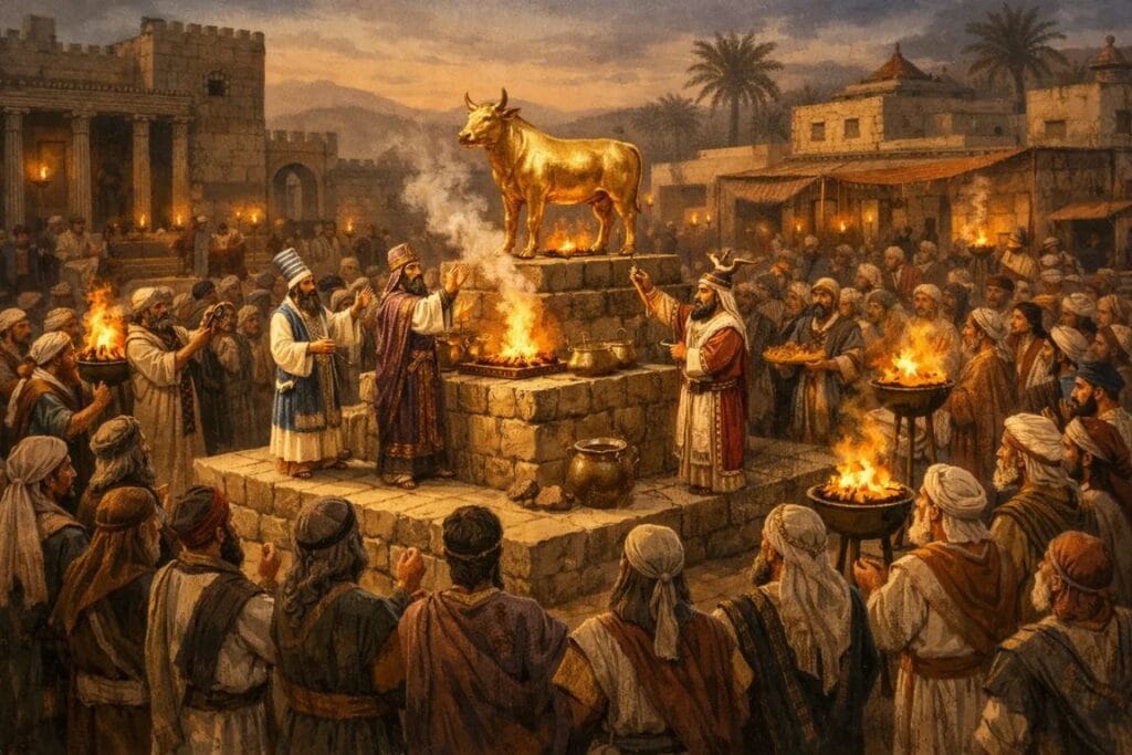 Imagem de um bezerro em um altar com sacerdores e o povo ao redor - O Julgamento de Eliseu e os Quarenta e Dois Jovens Entendendo a Justiça de Deus em 2 Reis 2