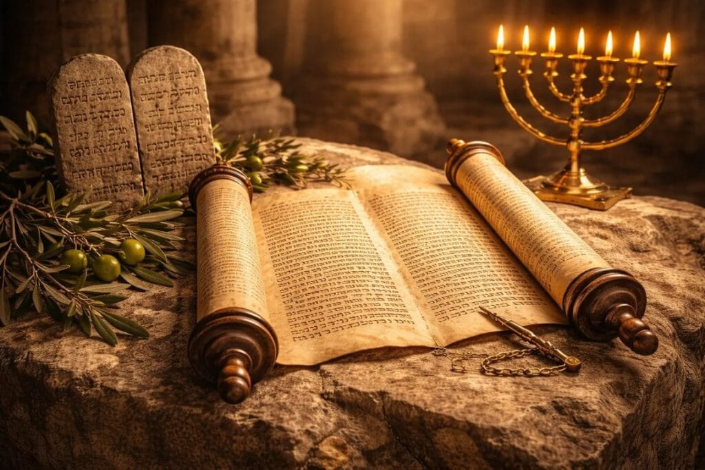 Um rolo com as escritura sobre um rocha com ramos de oliveira - O Julgamento de Eliseu e os Quarenta e Dois Jovens Entendendo a Justiça de Deus em 2 Reis 2 