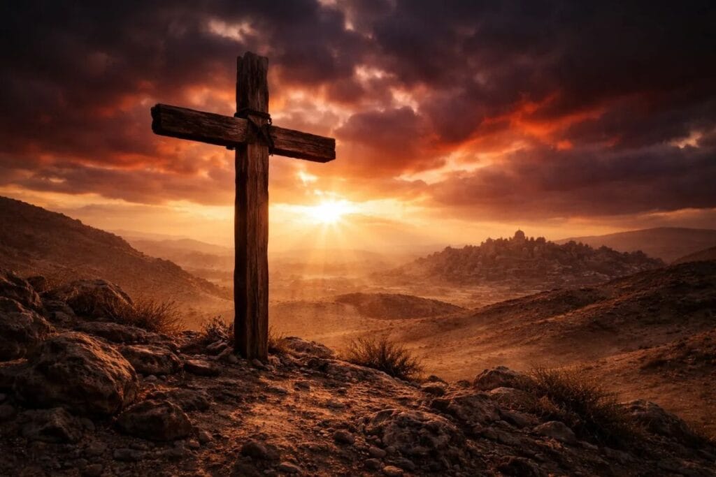 Imagem da cruz vazia em um monte com o sol ao fundo - https://www.bibliaonline.com.br/acf/jr/1/6,7+