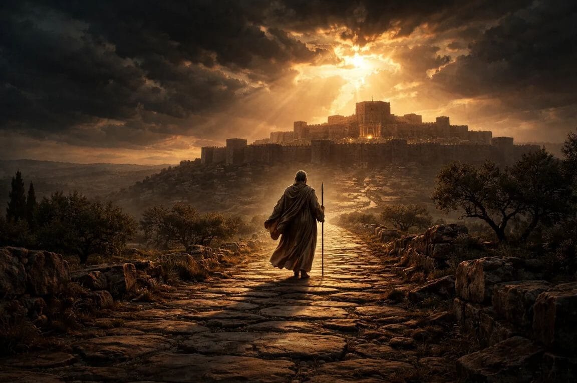 Eliseu andando em direção a uma cidade ao por do sol - O Julgamento de Eliseu e os Quarenta e Dois Jovens: Entendendo a Justiça de Deus em 2 Reis 2