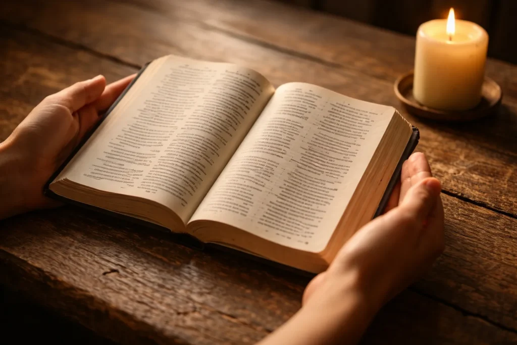 Bíblia aberta entre duas mãos sobre uma mesa - música na adoração