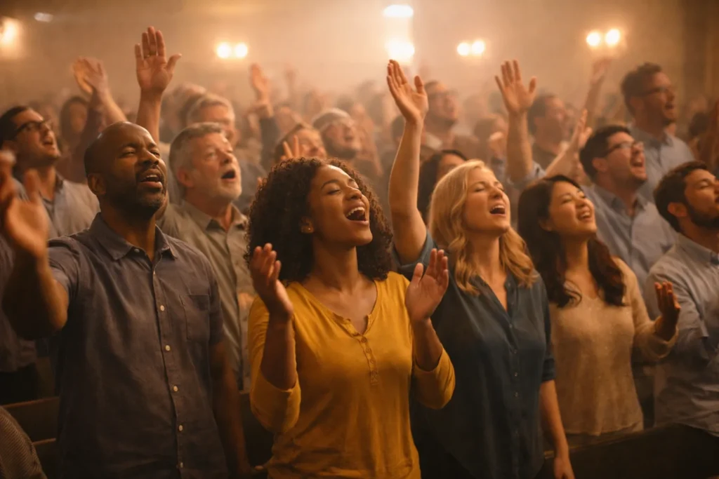 Grupo de pessoas cantando louvores - musica na adoração