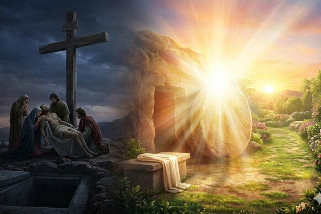 Imagem dividida com Jesus morto retirado da cruz e pedra removidada so supulcro - por que Jesus teve que morrer