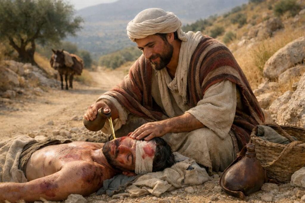 O bom samaritano ajudanto um homem ferido em uma estrada - o que é amor