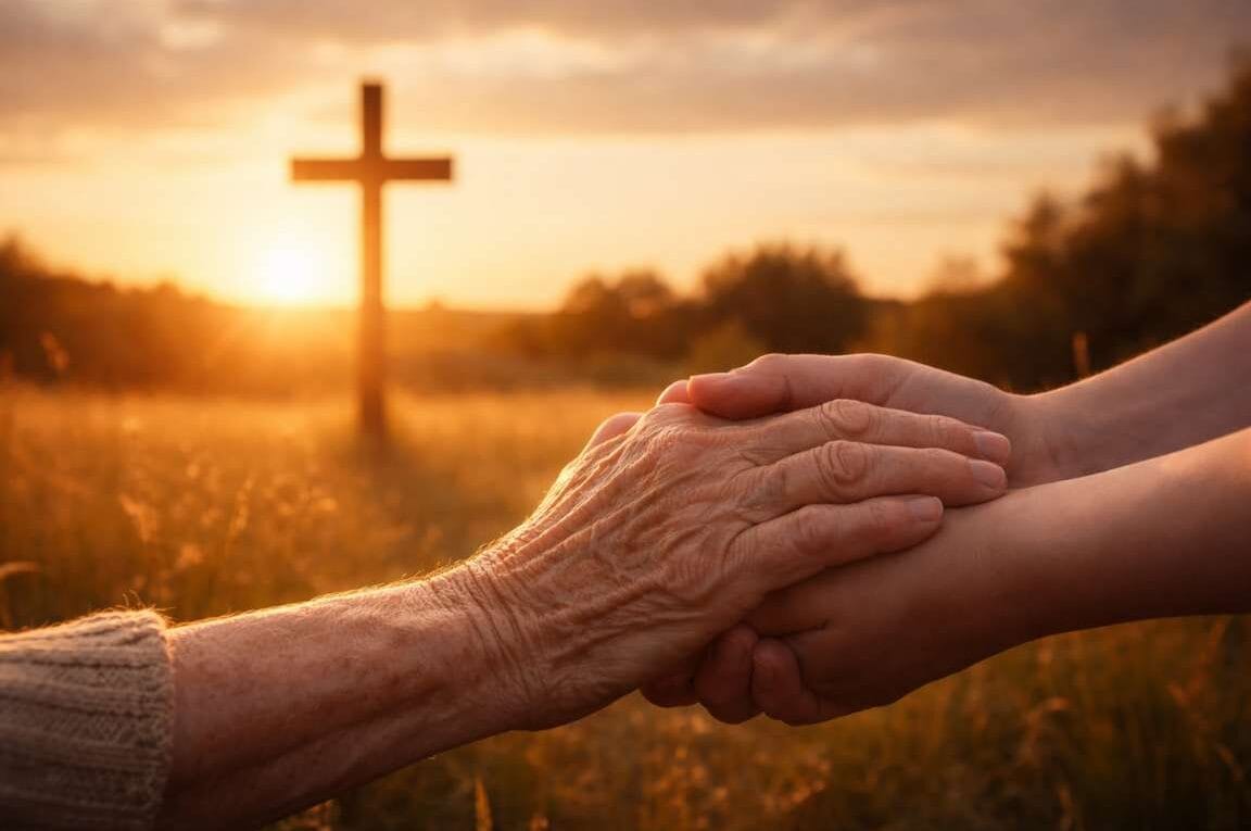 Mãos jovens segurando mãos idosas com uma cruz ao fundo e o sol atrás - o que é amor