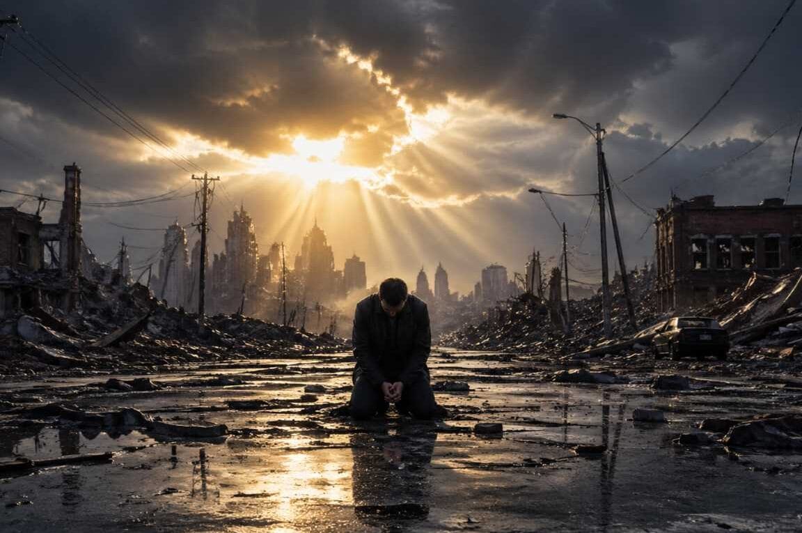 Homem ajoelhado no meio de uma cidade destruída - por que deus permite o sofrimento