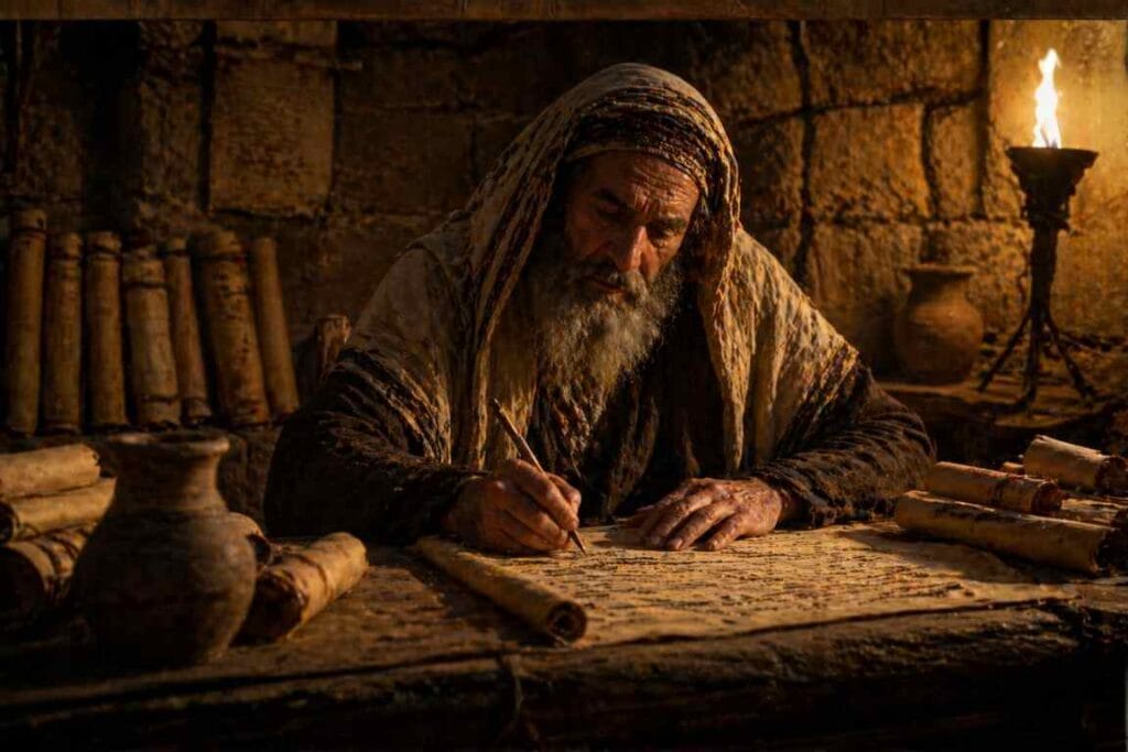 Homem escrevendo em um pergaminho - por que deus permite o sofrimento