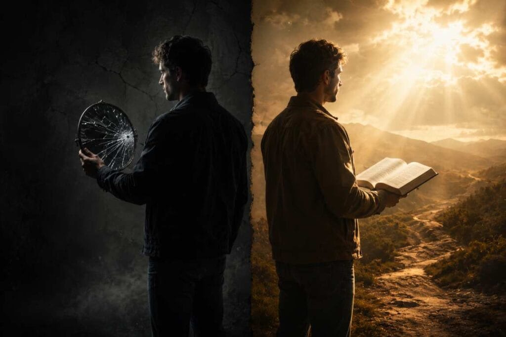 Imagem dividida de um homem olhando um espelho rachado e outro olhando a Bíblia - A Verdade Que Liberta Jesus é a verdade
