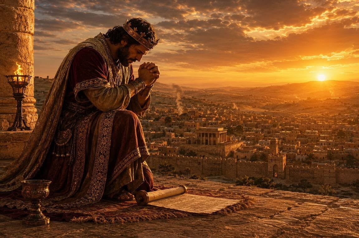 Imagem de Davi ajoelhado com Israel ao fundo - Confiar em Deus e Não nos Números
