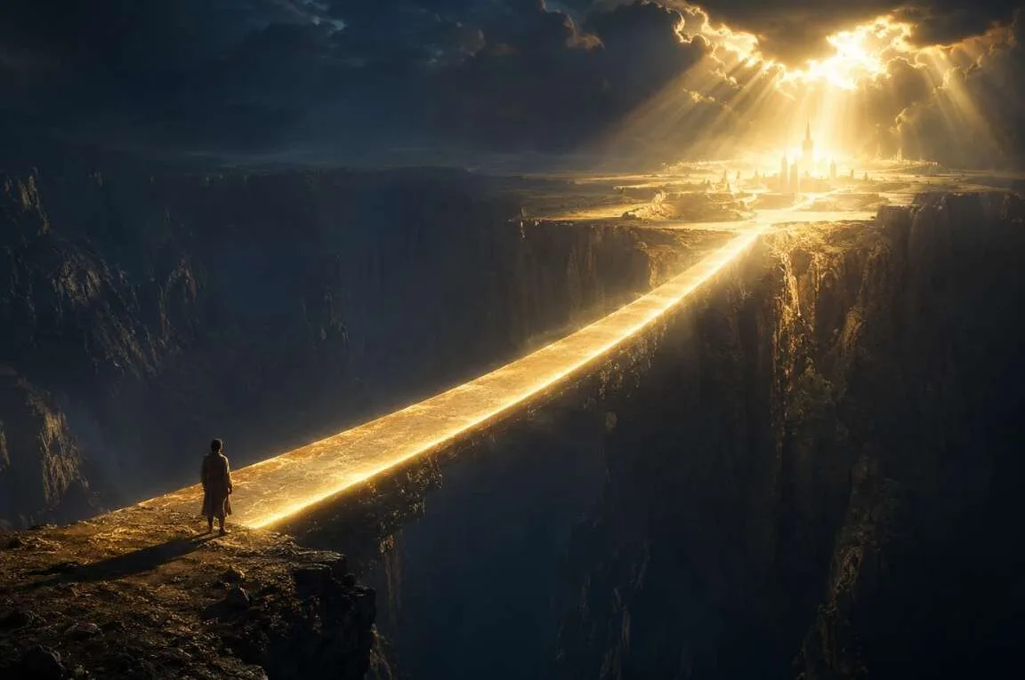 Um homem e uma ponte iluninada levando para uma cidade iluminada - O Que é Salvação