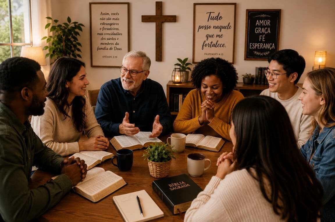 Grupo de crentes sentados a mesa felizes - desigrejados ou afastados