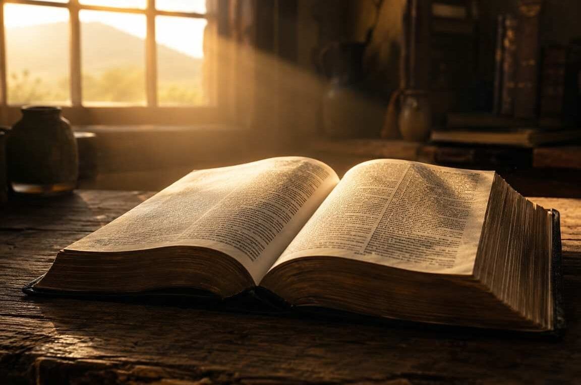 Uma Bíblia aberta sobre uma mesa e a luz do Sol entrando por uma janela - Conhecer a Palavra de Deus: A Chave Contra o Engano