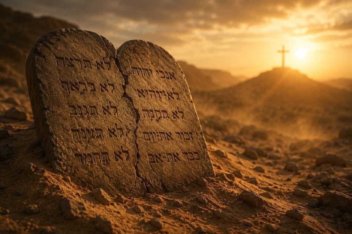 Imagem duas placas de pedra com escrita e o monte Calvário com uma cruz - Lei e Pecado em Romanos 7