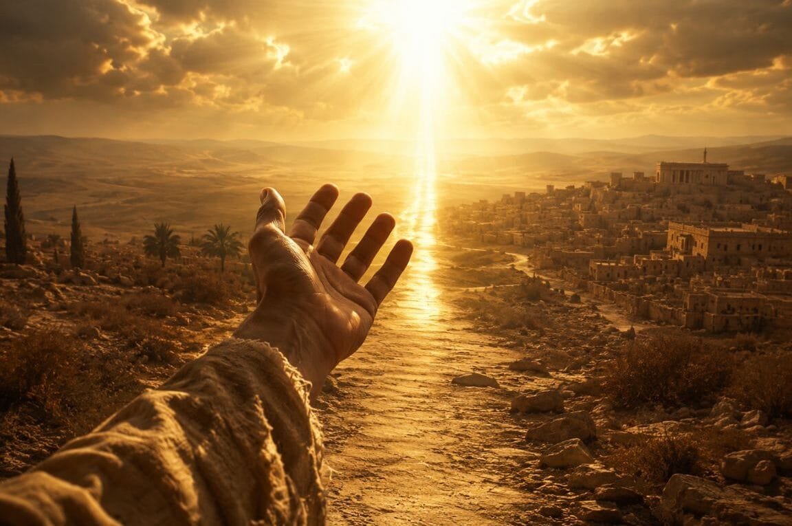 Uma mão estendida para Israel com o sol ao fundo - Soberania de Deus e Responsabilidade Humana
