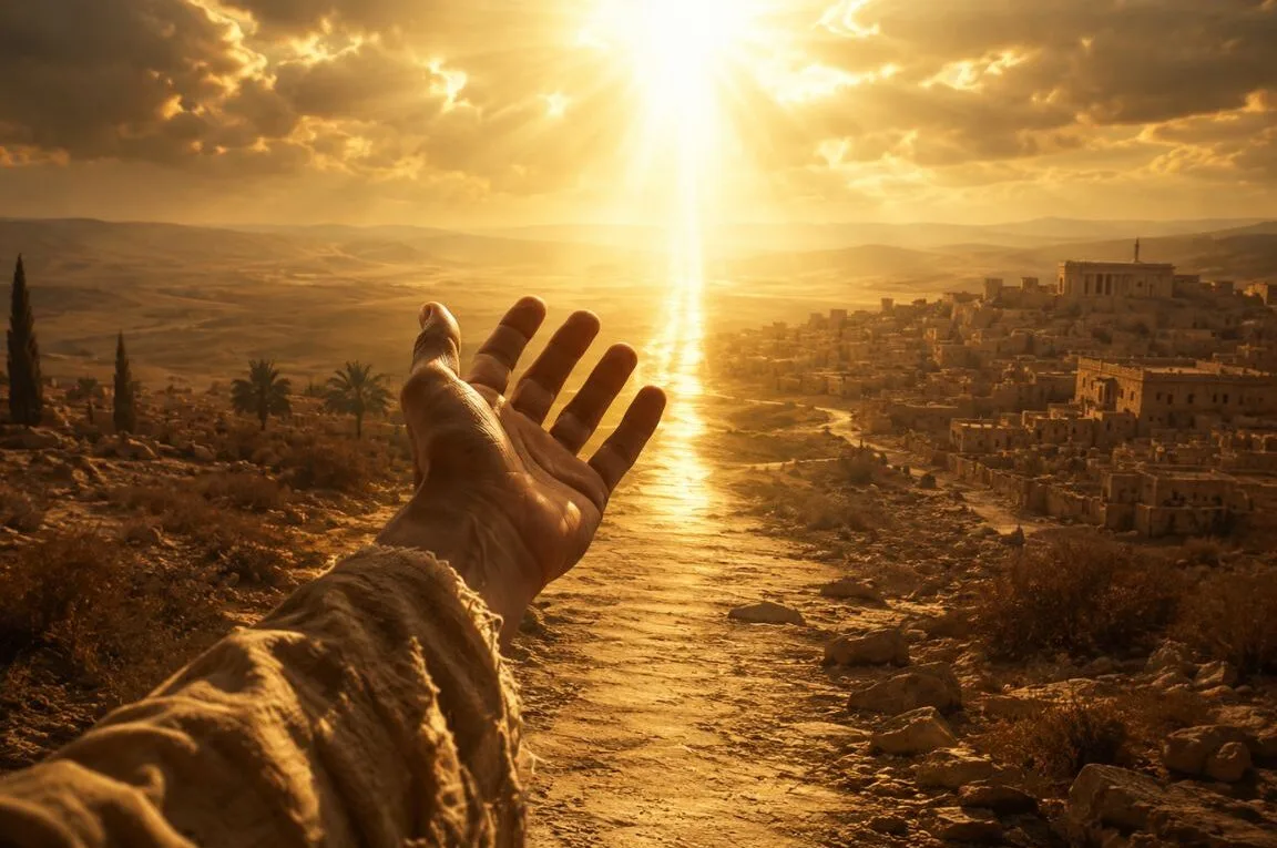 Uma mão estendida para Israel com o sol ao fundo - Soberania de Deus e Responsabilidade Humana