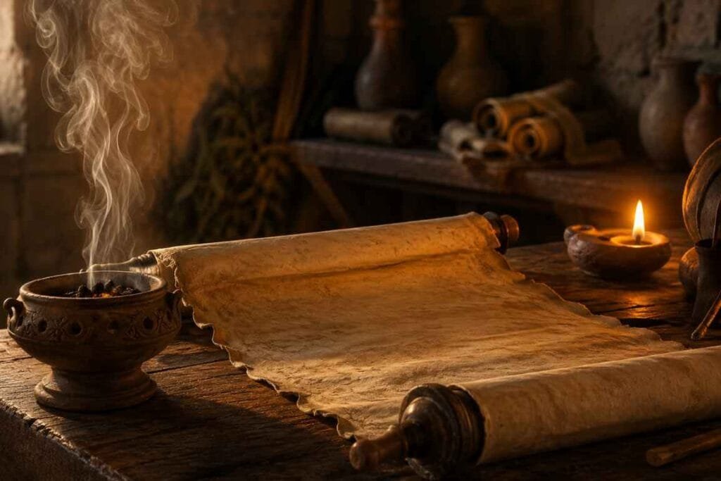 Pergaminho aberto sobre uma mesa com um incensário ao lado - Perfume de Cristo Vida para Uns Morte para Outros