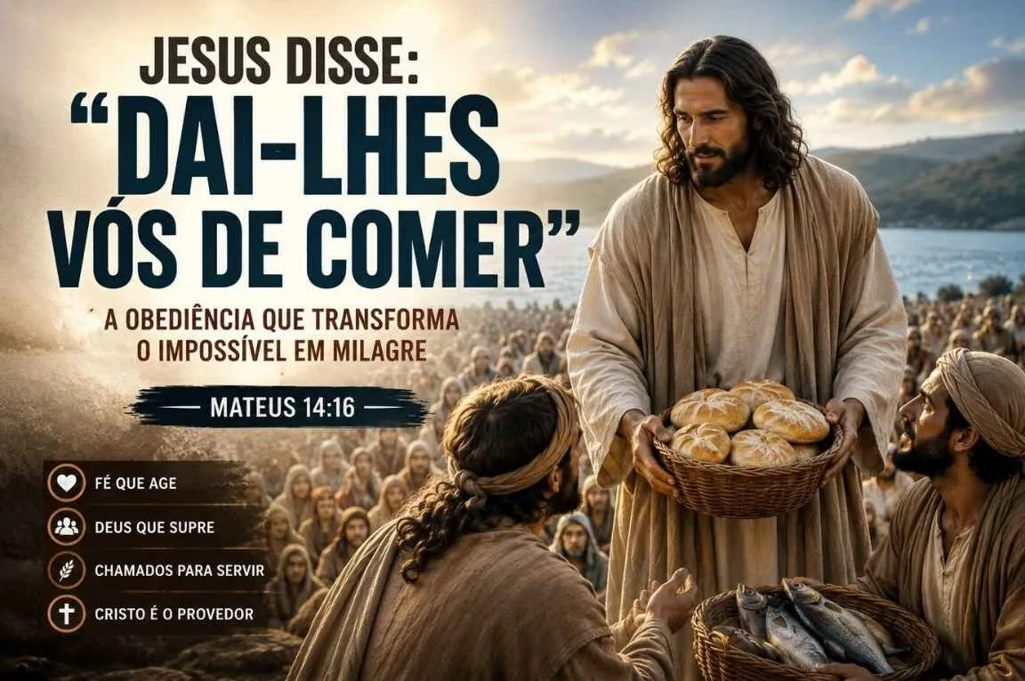 Jesus com um cesto de pâes na mão ao lado dos discípulos e uma grande multidão - dai-lhes vós de comer