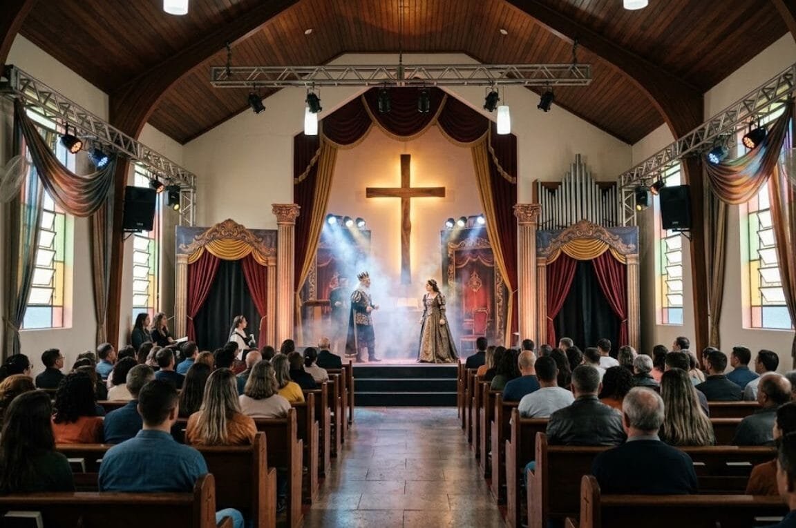 Interior de uma igreja onde no altar acontece uma pessa teatral - deus não é intretenimento