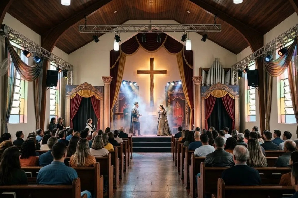 Interior de uma igreja onde no altar acontece uma pessa teatral - deus não é intretenimento