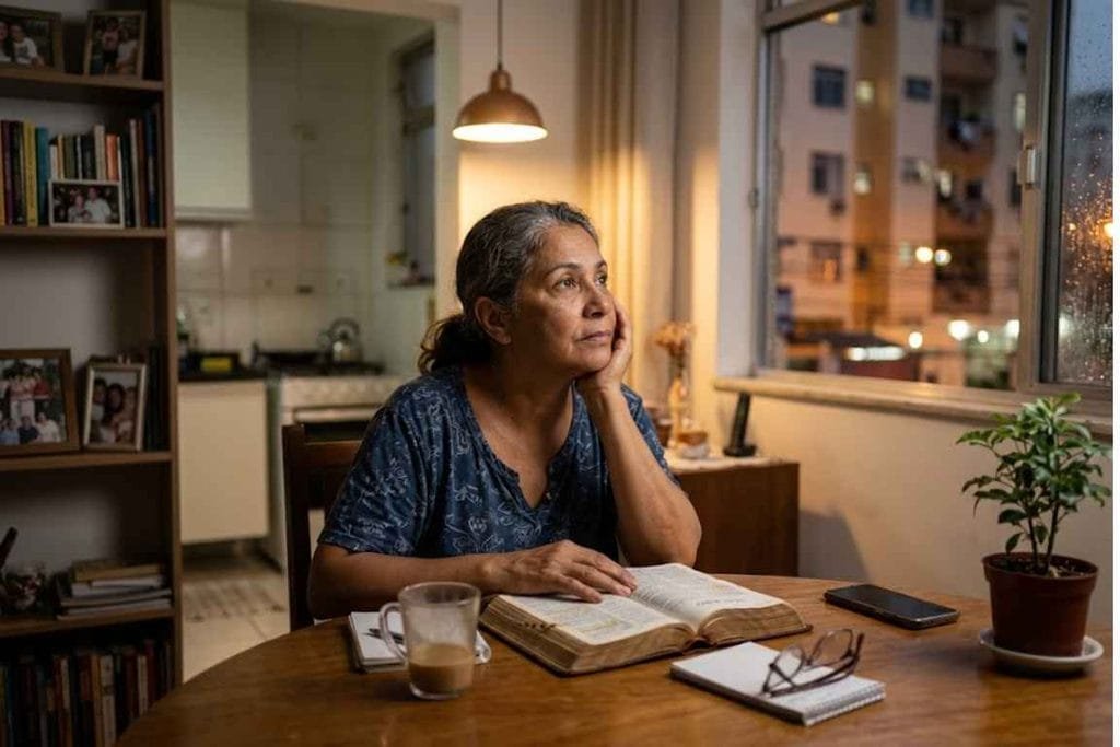 Mulher sentada a mesa com olhar pensativo - deus não é intretenimento